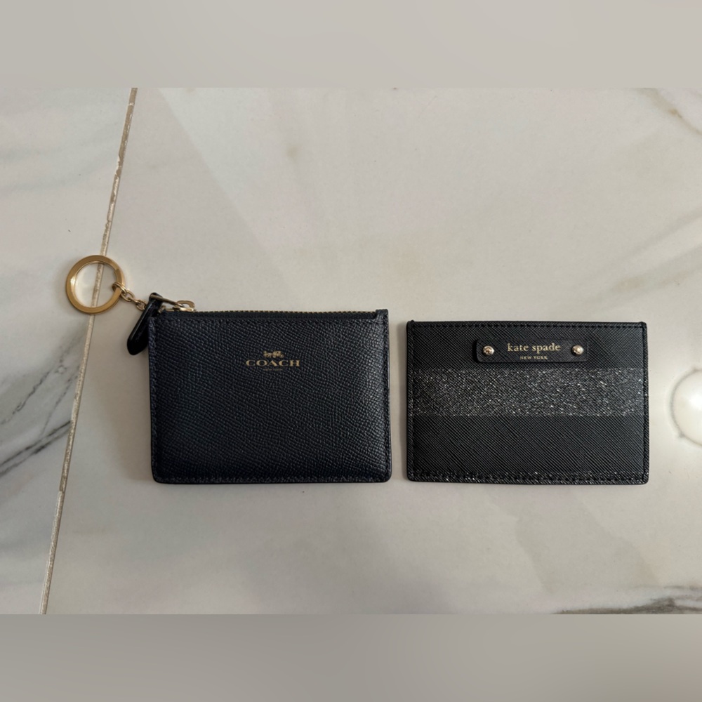 Coach Navy Leather Zip Card Holder with Gold Key Ring